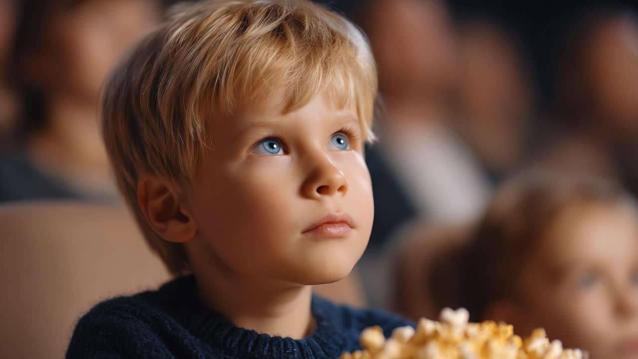 Bambino rapito guarda un film: un ragazzino si gode la magia del cinema con i popcorn in un'accogliente sala cinematografica