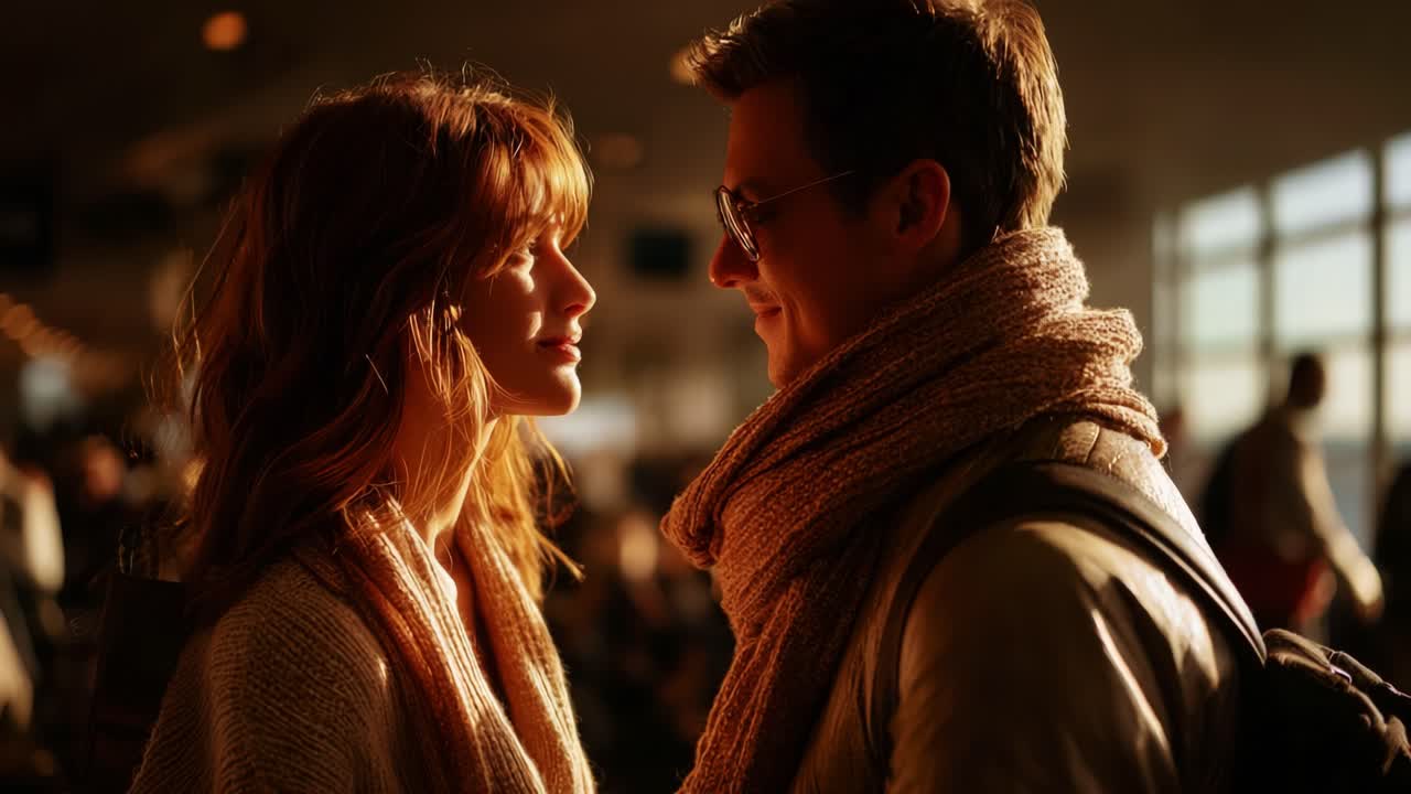 A Warm Moment of Connection Between Two People at an Airport during Sunset, Capturing Their Joyful Expression and Affection, Surrounded by an Intimate Atmosphere