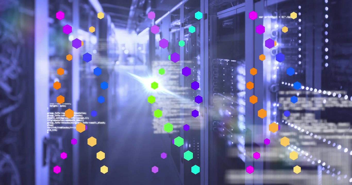 Animation of data processing over dna strands and server room