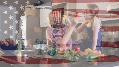 Independence-text-and-american-flag-waving-against-caucasian-mother-and-daughter-feeding-each-other