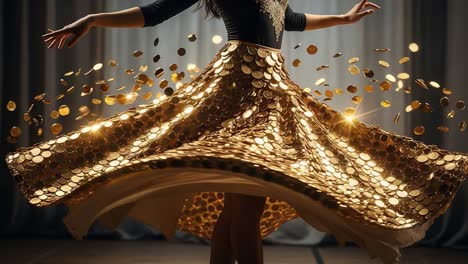 Graceful dancer twirls in shimmering golden skirt adorned with shining coins, creating a mesmerizing visual spectacle of movement and elegance in a captivating performance