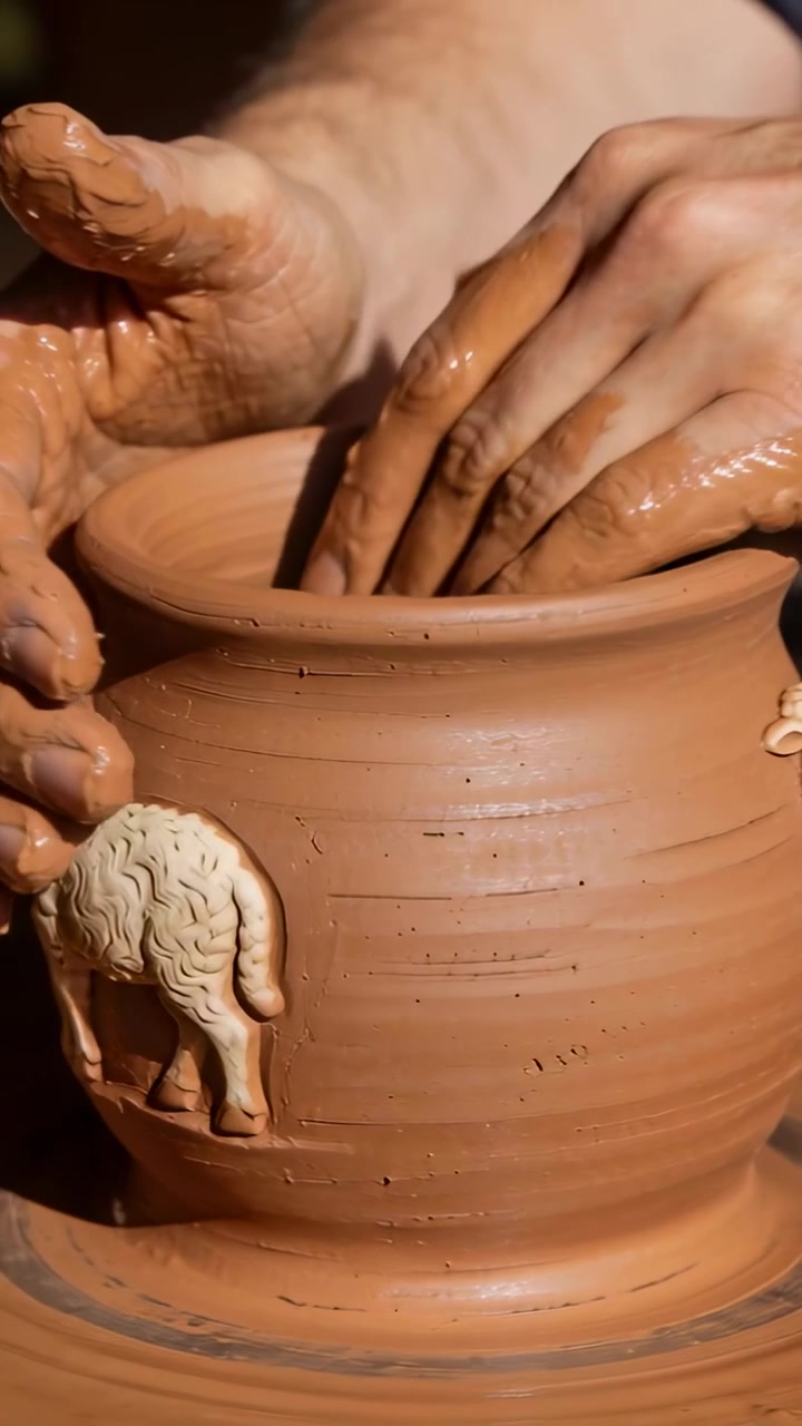 Video vertical: Alfarero con brazos desnudos dando forma a una vasija en el taller mientras el torno gira para proteger la forma.
