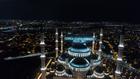 aerial night view of camlica mosque in istanbul. 4k footage in turkey