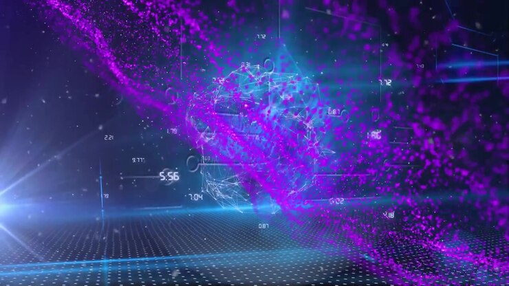 Animation of globe with connections, purple mesh and data processing