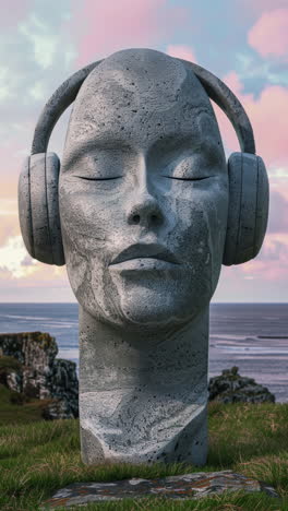 antiguas cabezas de piedra con auriculares en una isla arte generativo