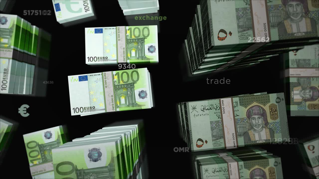 Euro and Oman Rial money exchange loop animation