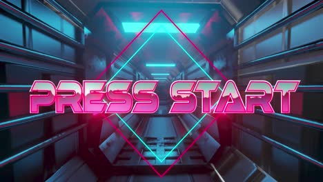 animation of press start text over neon banner against grey tunnel in seamless pattern