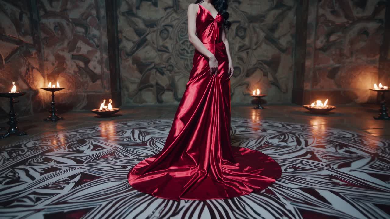 Woman wearing a long elegant red dress is standing on a mystic mandala painted on the floor, with burning flames around in a mysterious and suggestive atmosphere