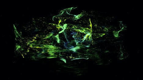 abstract flying space dust of green and blue color on black background, seamless loop. animation. beautiful small particles rotating in the dark