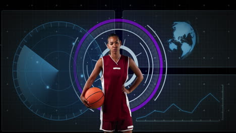 animation of scope scanning and data processing over biracial female basketball player