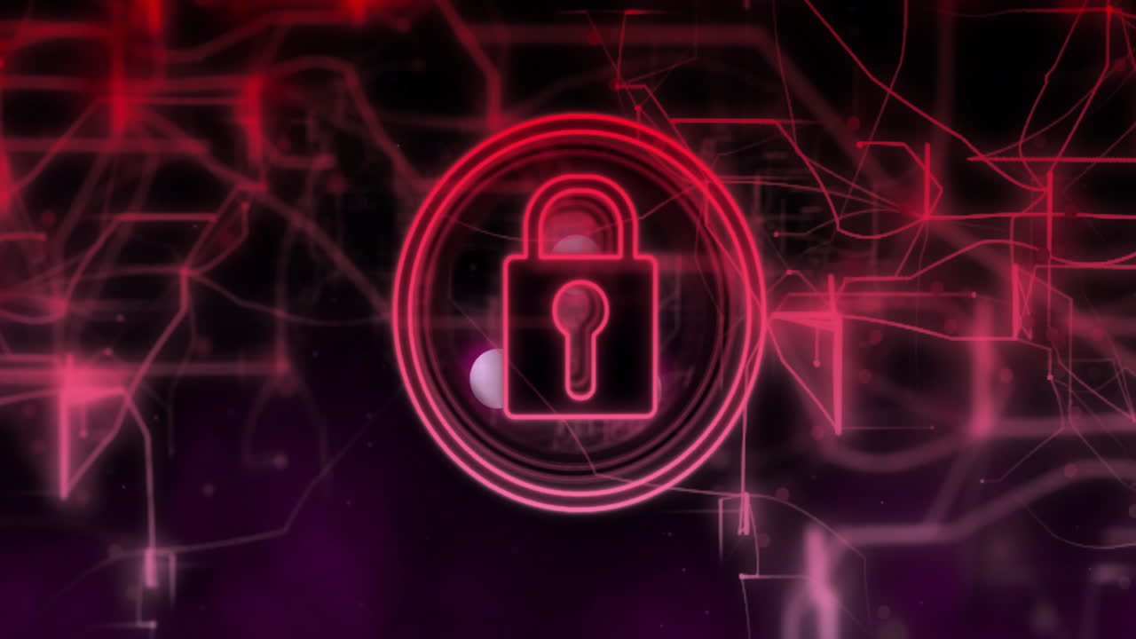 Glowing red padlock with animation on abstract digital network background