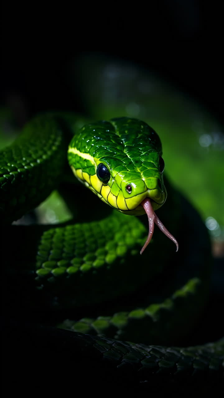 Serpente verde vibrante che emerge dall'oscurità