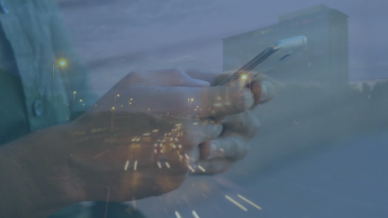 스마트폰을 사용하는 백인 남성 위의 거리에서 자동차의 애니메이션