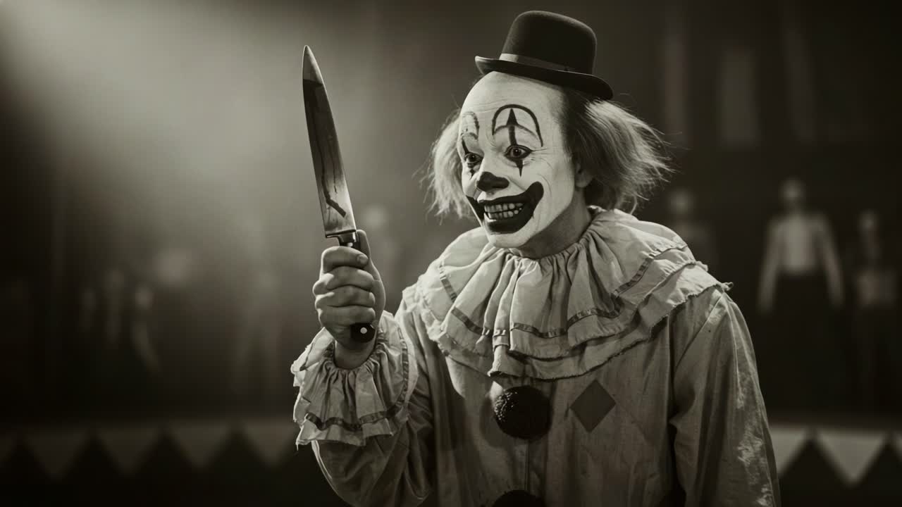 A Terrifying Clown with a Knife: An Eerie Presence in the Circus Atmosphere Captured in Two Striking Frames of High Tension and Horror