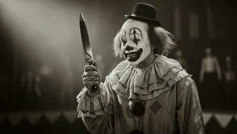 a terrifying clown with a knife: an eerie presence in the circus atmosphere captured in two striking frames of high tension and horror