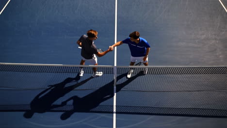 two tennis players shaking hands over the net on a blue court
