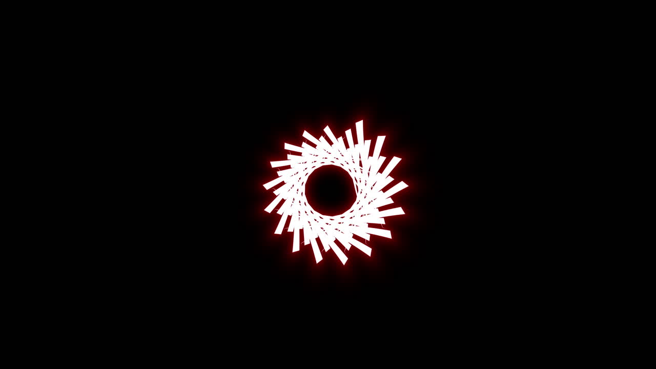 Linee rosse colorate si muovono verso il punto centrale e si attorcigliano in formazione circolare, per poi protendersi verso l'alto dopo aver creato un occhio astratto. Grafica in movimento animata