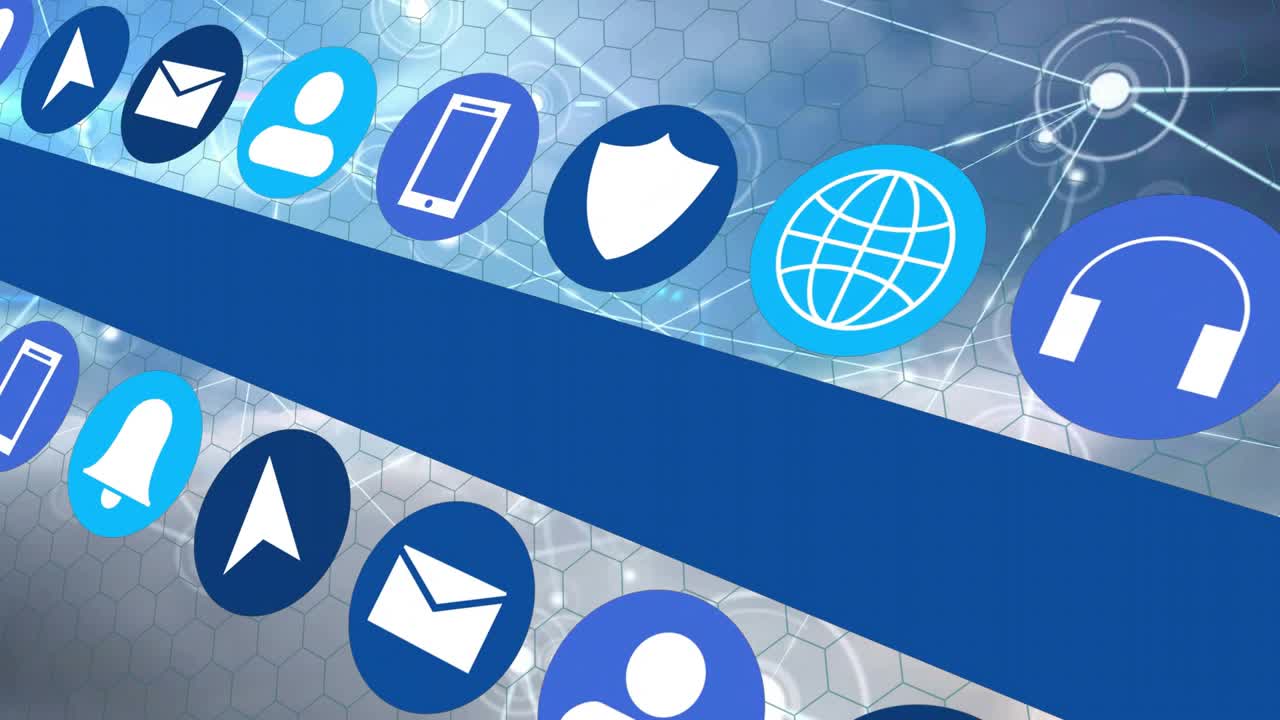 Camera pan starting, dark-blue diagonal bands anchoring while app icons scrolling, showing tech UI