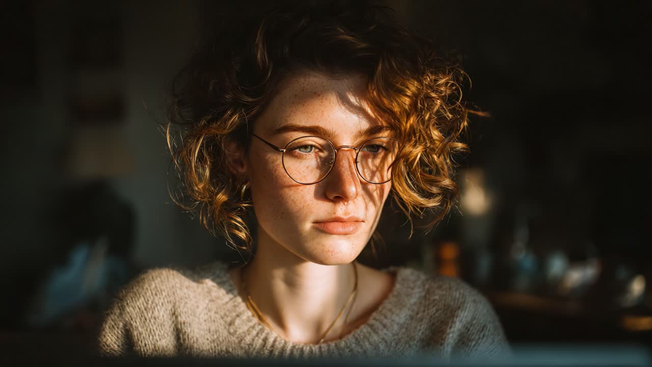 Un retrato cautivador: una joven reflexiva con pelo rizado y gafas, bañada en luces y sombras suaves, evoca una sensación de reflexión y contemplación.