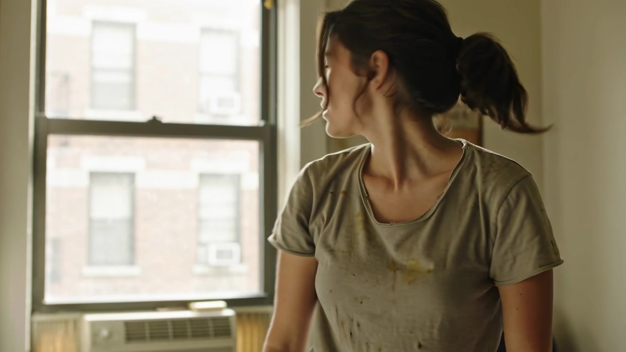 Mulher encostada notando o prédio, virando e indo até a janela no apartamento perto do ar condicionado, vestindo camiseta manchada.