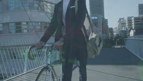 Animation-of-stock-market-data-processing-over-caucasian-businessman-with-bicycle-walking-on-street