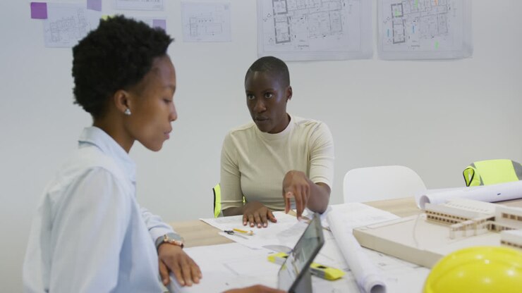 Two african american female architects with blueprints in discussion and using tablet in office