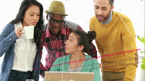 Animation-of-statistical-data-processing-over-diverse-colleagues-discussing-over-a-laptop-at-office