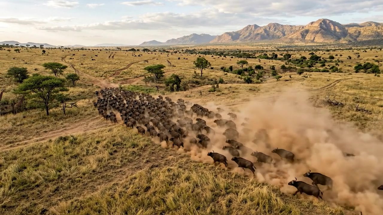 Gran manada de búfalos africanos corriendo por la sabana.