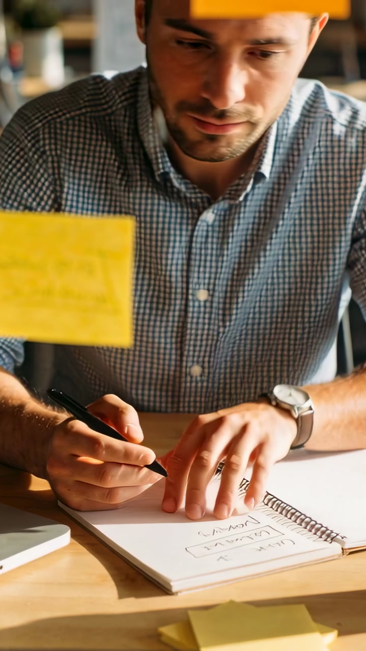 Vertical video: Man sketching UX layout at desk reaching note and starting overlay for planning