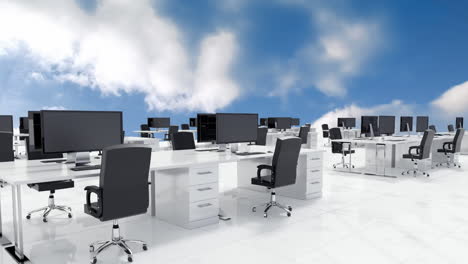 oficina abierta con cielo azul y nubes