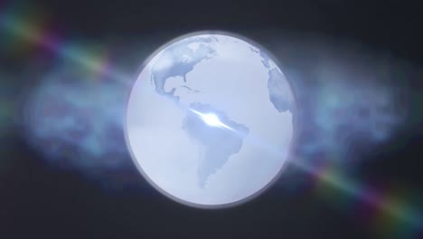 Animation-of-glowing-light-and-globe-spinning-over-clouds