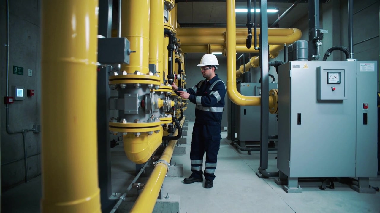 Tecnico che entra e cammina lungo i tubi gialli di un locale tecnico, con un cappello, regolando valvole per la manutenzione.