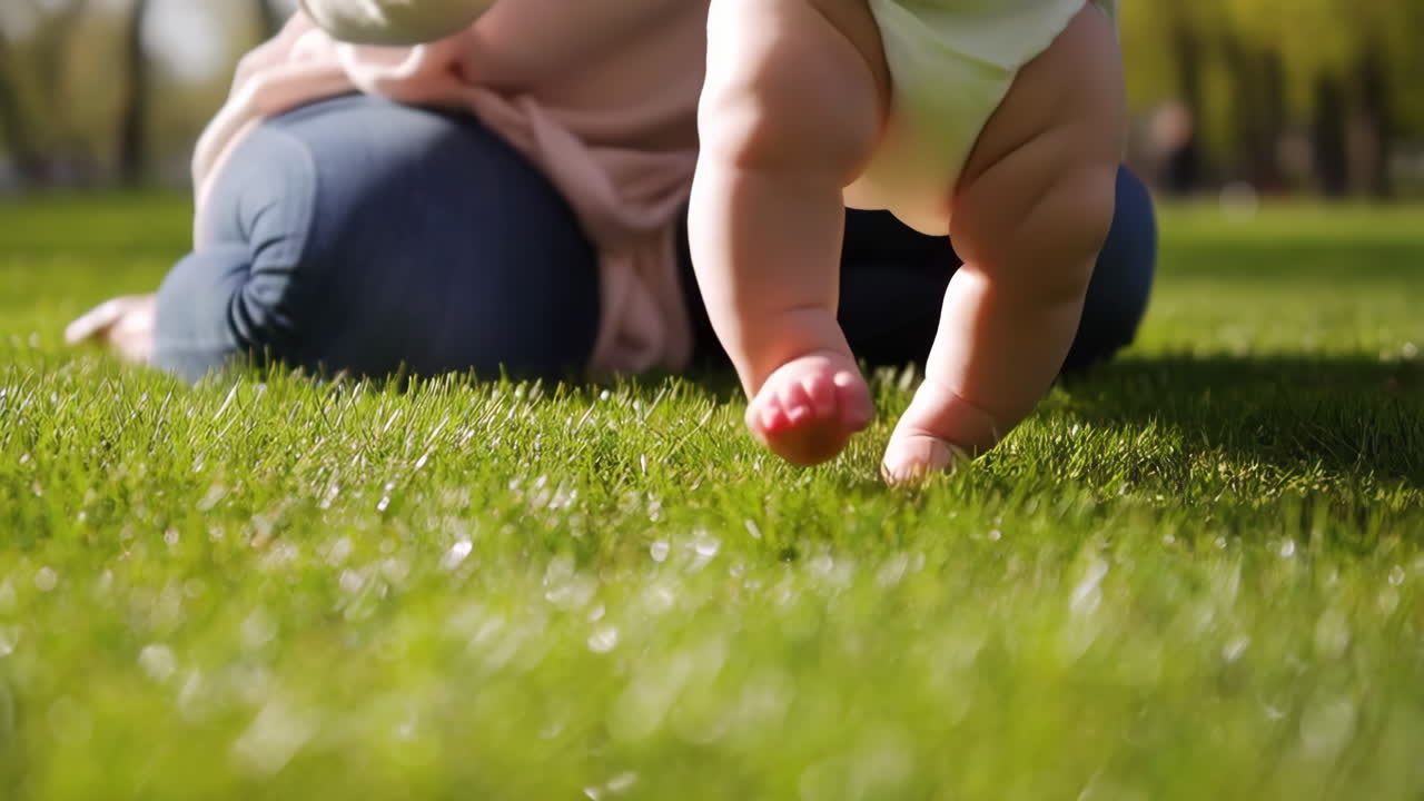 Baby's Bare Feet on Green Grass with Parent