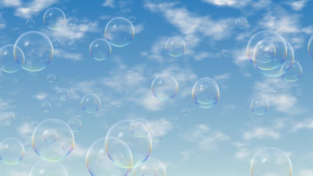 Transparent soap bubbles gently drift across a bright blue cloudy sky in a seamless animation.
