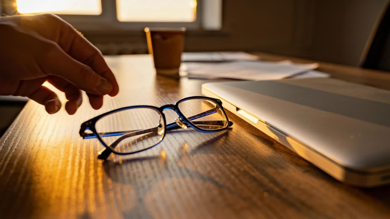 Mano izquierda extendiéndose sujetando y reposicionando unas gafas de montura azul en un escritorio de madera para trabajar con el portátil.