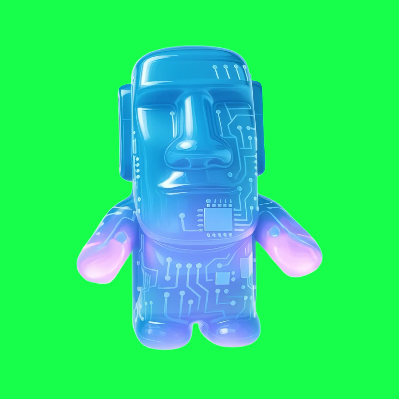 Animación futurista de escultura digital Moai, vídeo transparente en 4K, pantalla verde