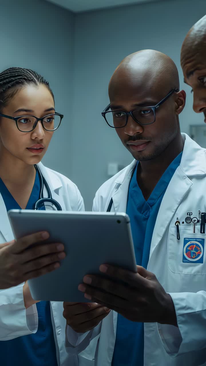 Vertical video: Holding tablet, doctors studying screen for chart review in clinic, wearing coats