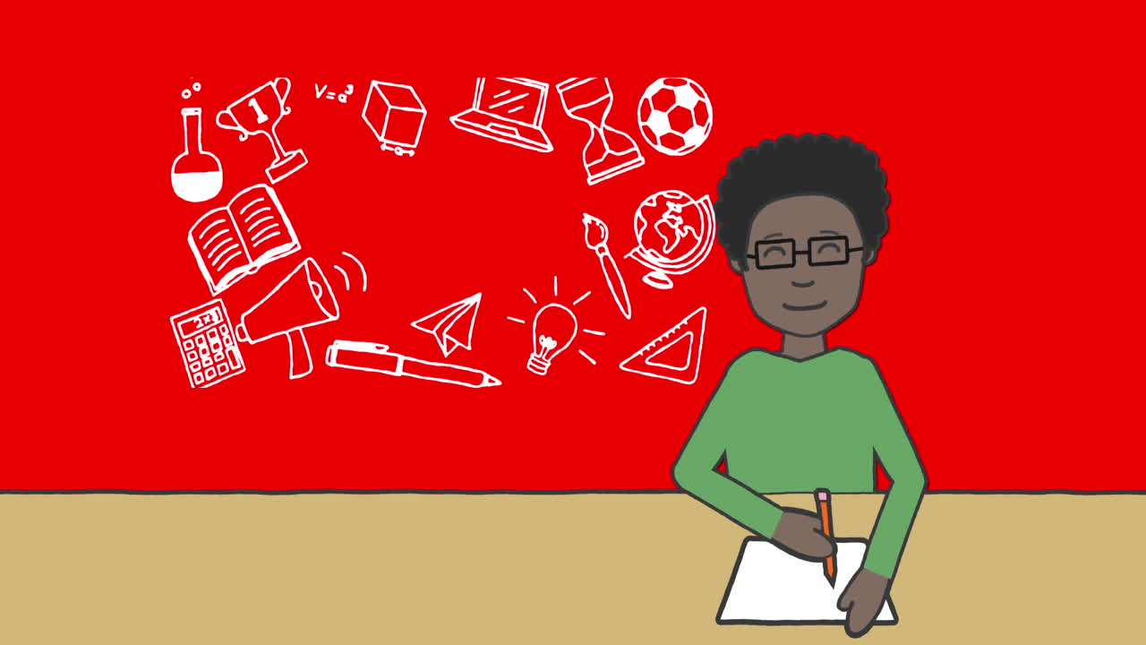 Animation of schoolboy taking notes over school items icons on red background