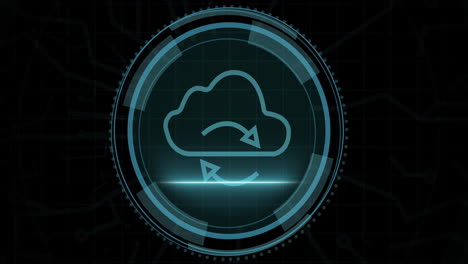 animazione di icone digitali cloud e elaborazione dei dati su sfondo nero.