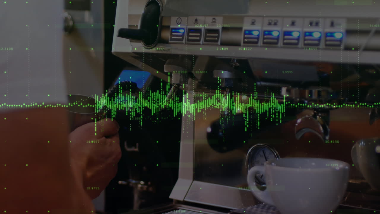 espresso machine head being animated in 3D render, displaying barista hand gripping portafilter