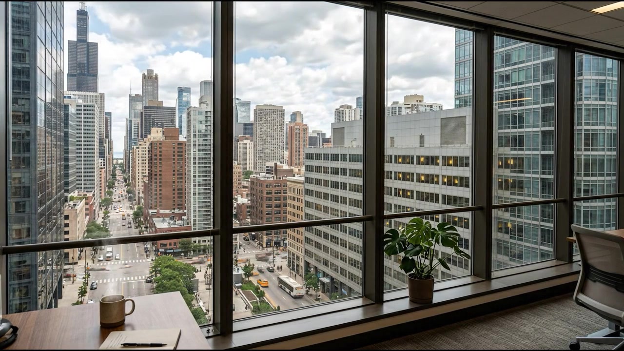 Modern office window view of skyscrapers and urban city