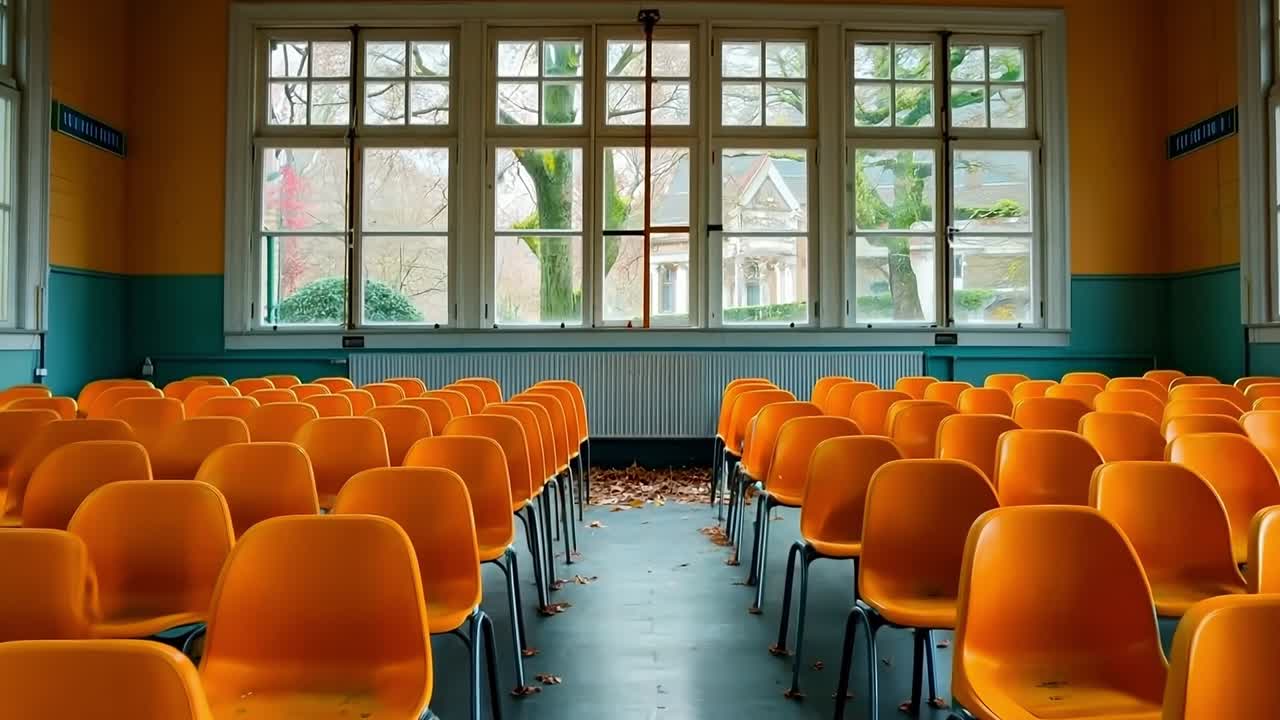 창문 앞에 오렌지색 의자 줄이 있는 빈 교실
