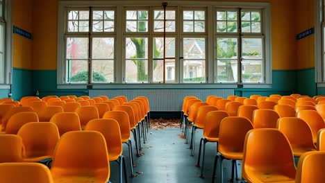 an empty classroom with rows of orange chairs in front of windows