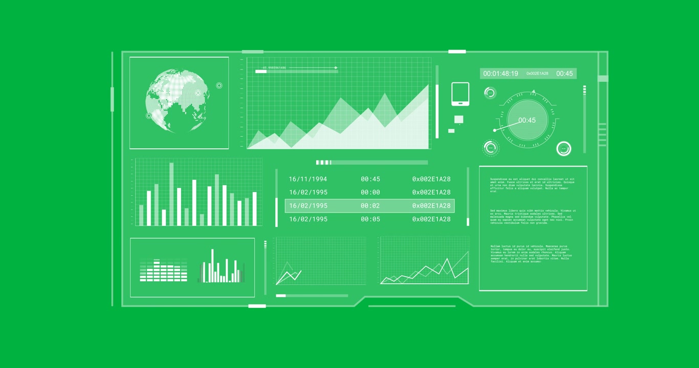 Animation of statistics and financial data processing on screen over transparent background