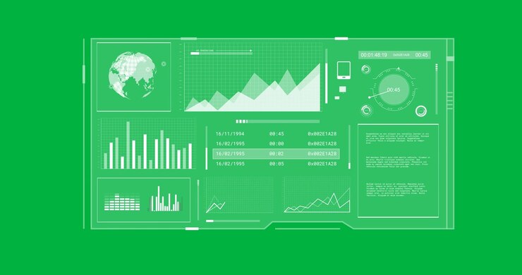 Animation of statistics and financial data processing on screen over transparent background
