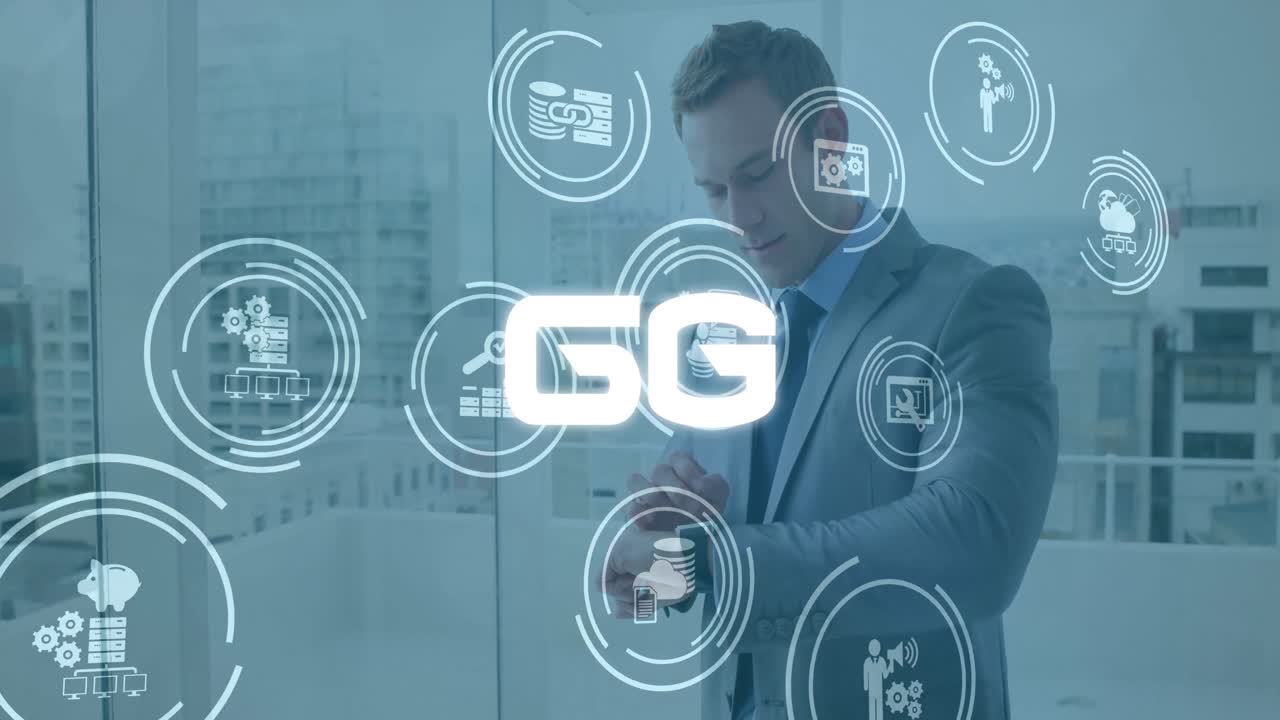Neon 6g text and multiple digital icons floating against portrait of businessman using smartwatch