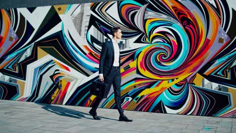 businessman walking by a graffiti wall