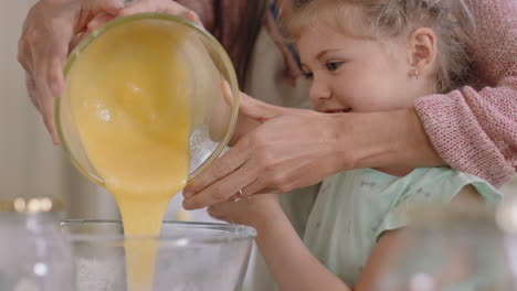 little girl helping mother bake in kitchen mixing ingredients baking cookies preparing recipe at home with mom teaching her daughter on weekend