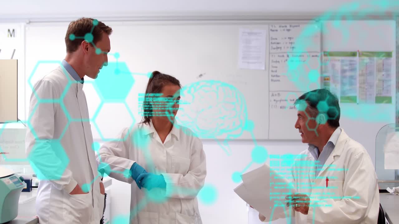 animación del lenguaje informático, cerebros sobre diversos científicos discutiendo en el laboratorio