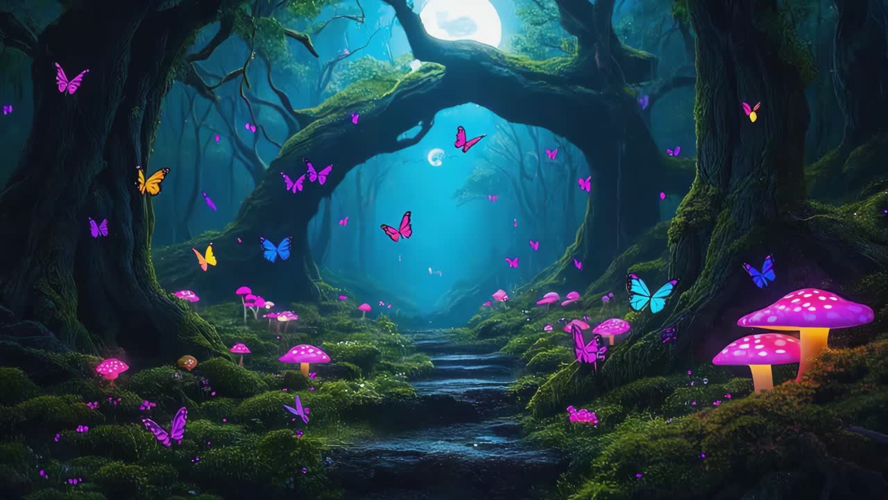 Enchanted Forest with Glowing Mushrooms and Butterflies | Premium Stock ...